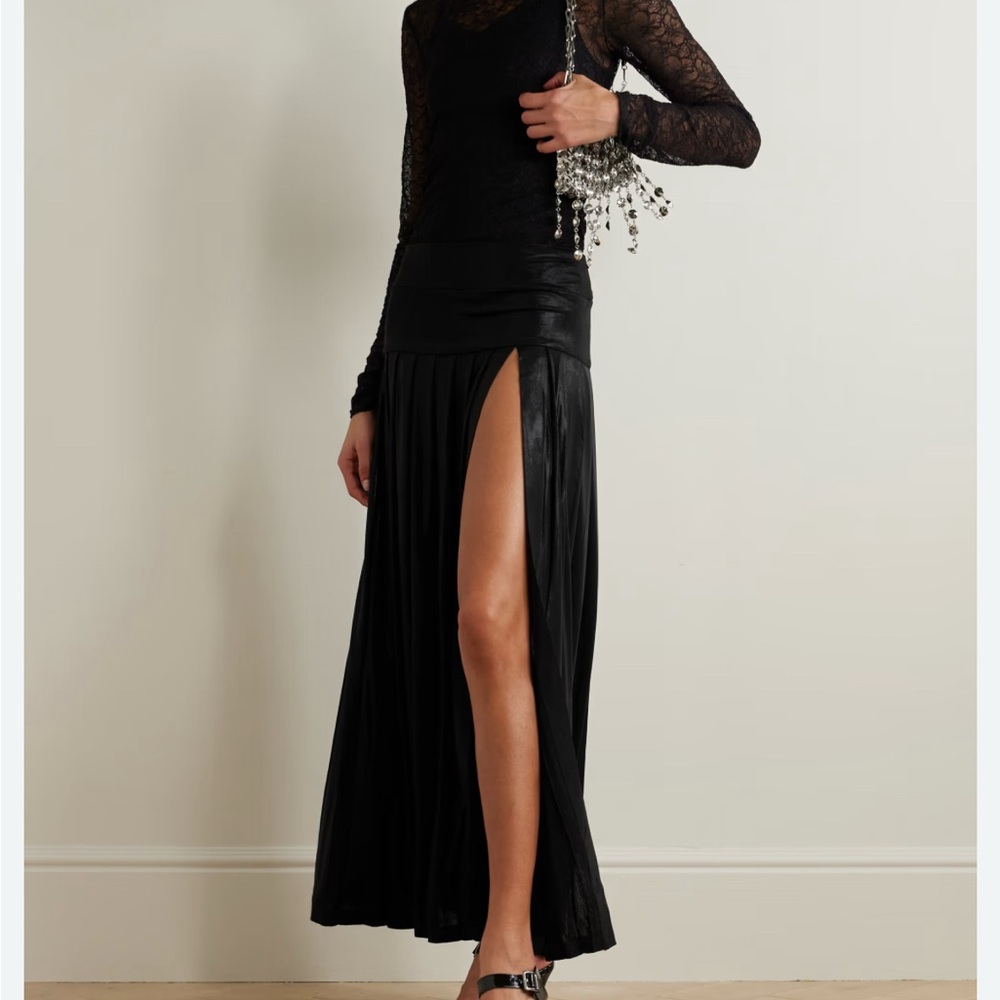 Norma Kamali Black Maxi A-Line Skirt with Pleated Slit Pull on